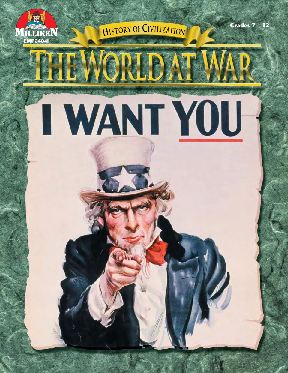 The World at War workbook cover identifies the History of Civilization series and grades 7 through 12.