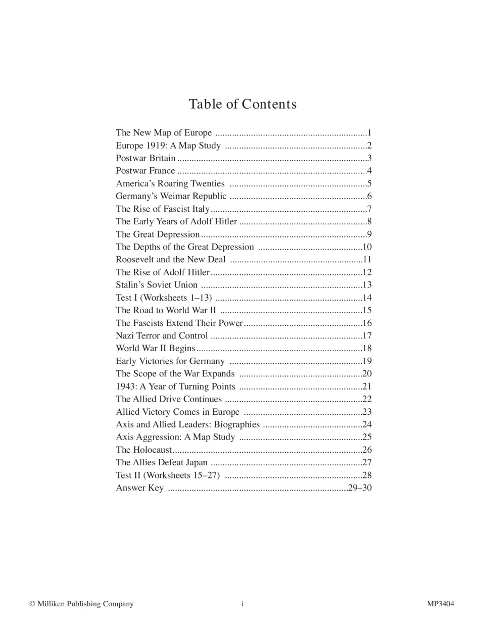 Table of contents lists history readings, two map studies, two tests, and the answer key on pages 29–30.