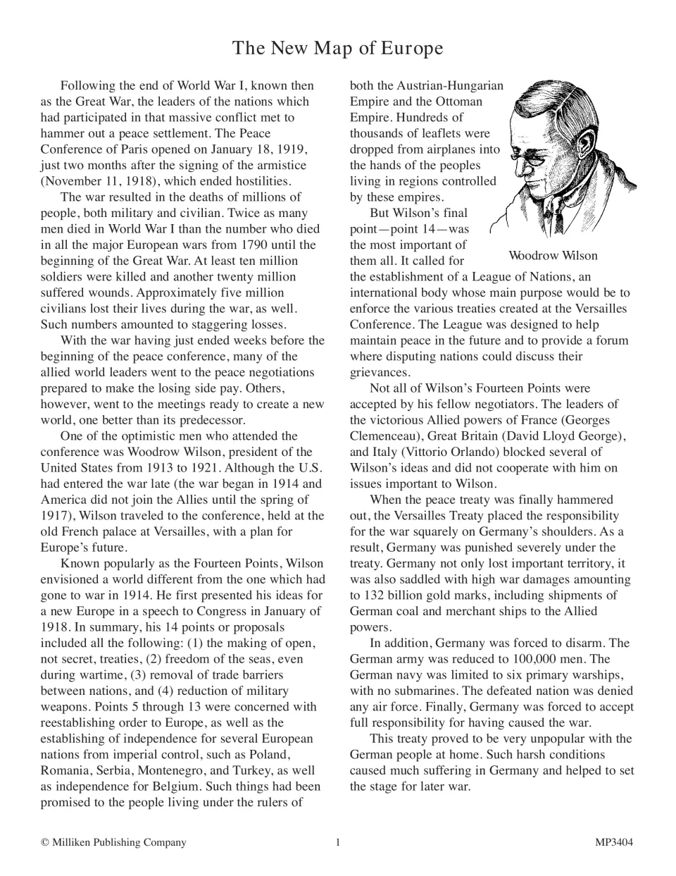 Opening history reading explains Wilson’s Fourteen Points, the League of Nations, and the Versailles Treaty.