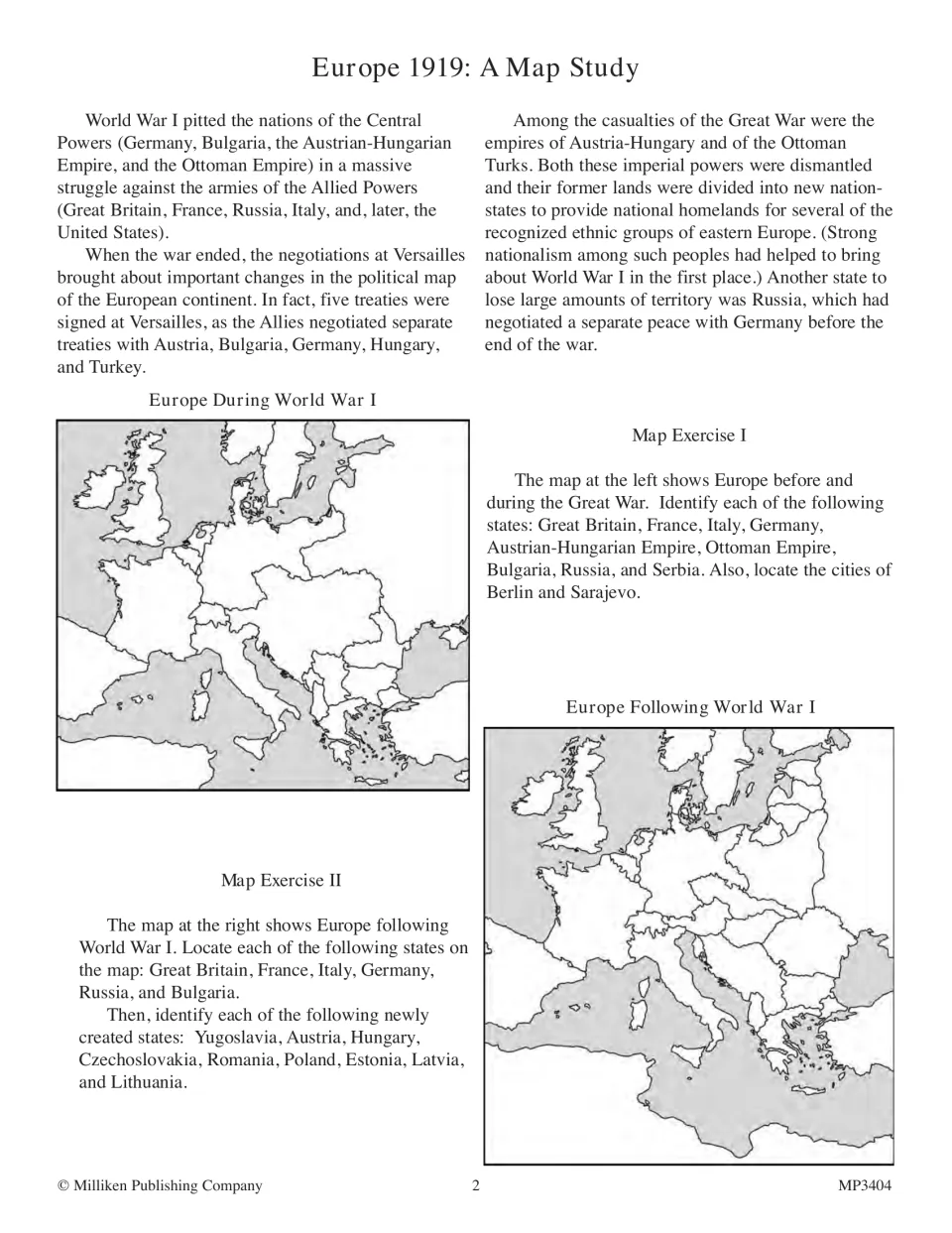 Europe 1919 map study asks students to identify countries before and after World War I, plus two cities.