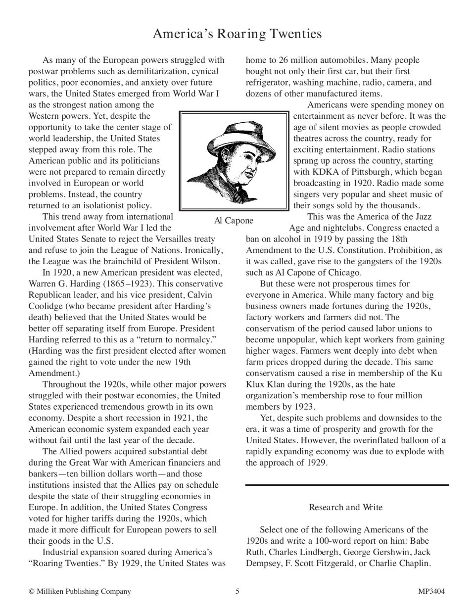 Roaring Twenties reading covers U.S. isolationism, economic growth, and Prohibition, with a 100-word report task.