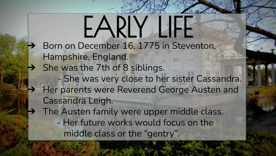 Early Life slide covering Austen's 1775 birth, seven siblings, sister Cassandra, parents, and social class