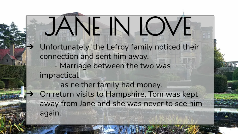 Jane in Love slide describing the Lefroy family's intervention and financial obstacles to marriage