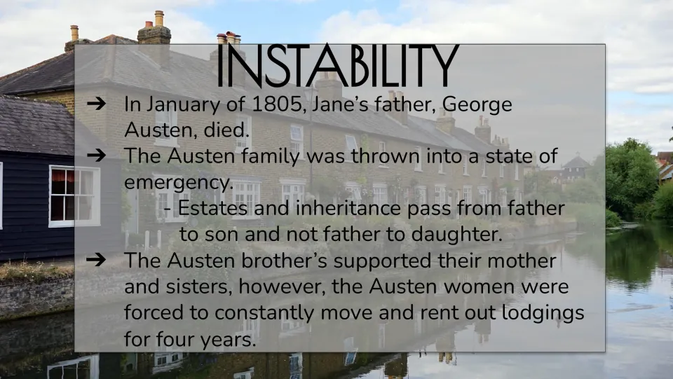 Instability slide covering George Austen's death in 1805, family finances, brothers' support, and moves