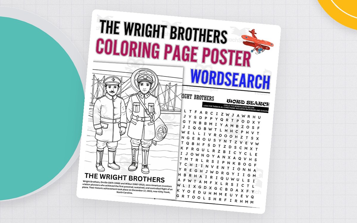 THE WRIGHT BROTHERS Coloring Page Poster & Wordsearch PUZZLE preview