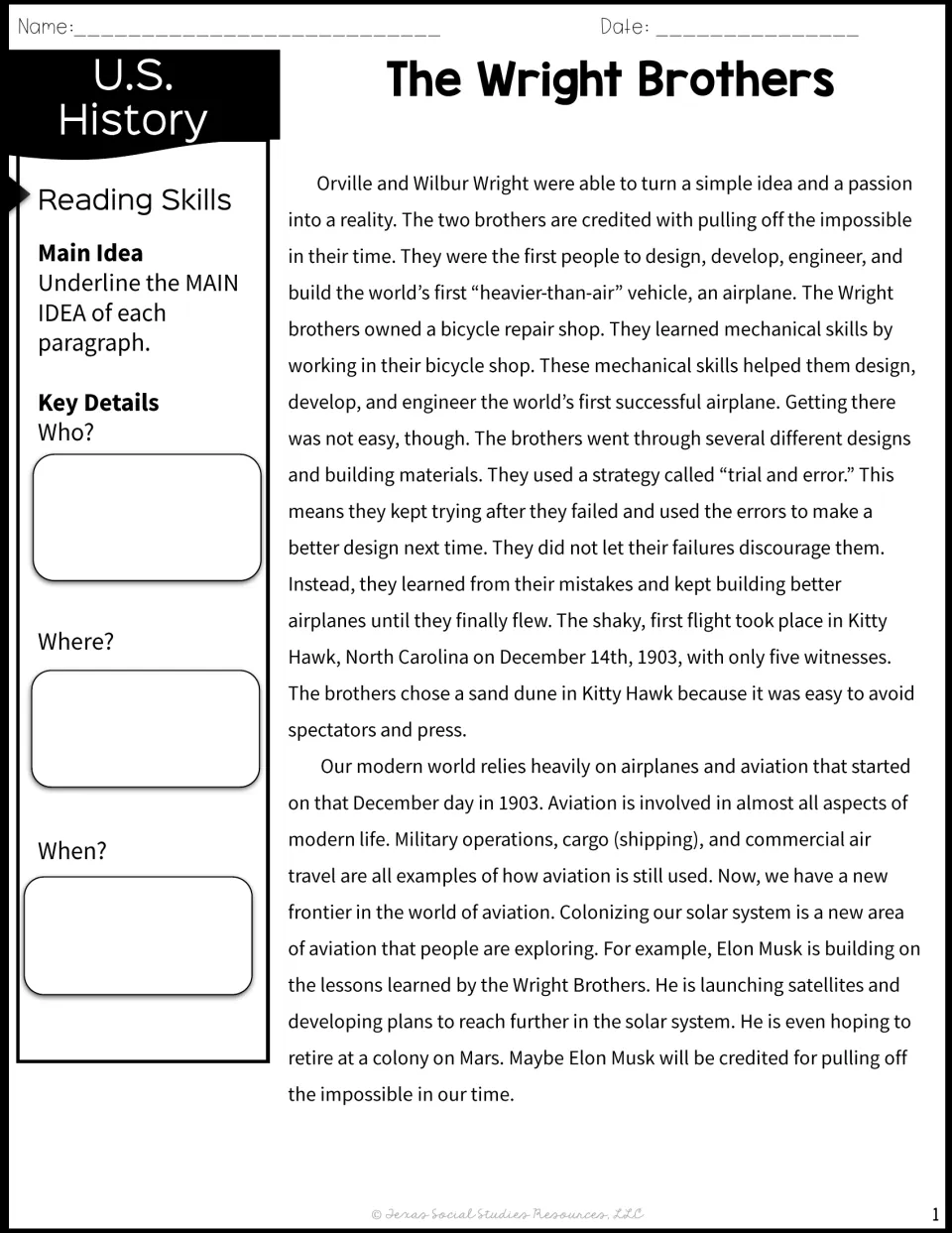 Wright brothers reading passage: students underline each paragraph's main idea and note who, where and when details