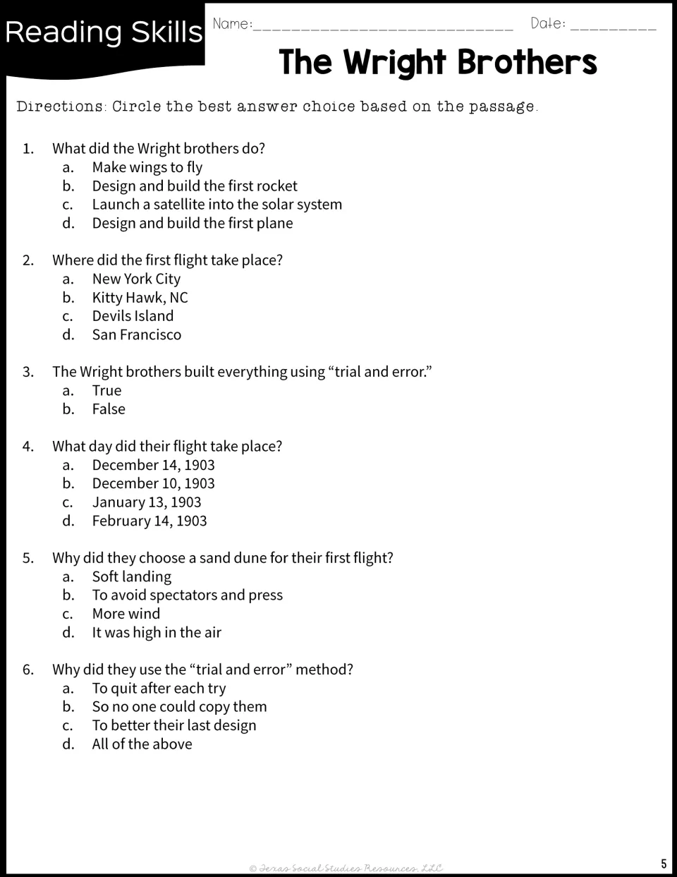 Comprehension quiz questions 1-6: students circle answers on the first flight, Kitty Hawk, the date and trial and error