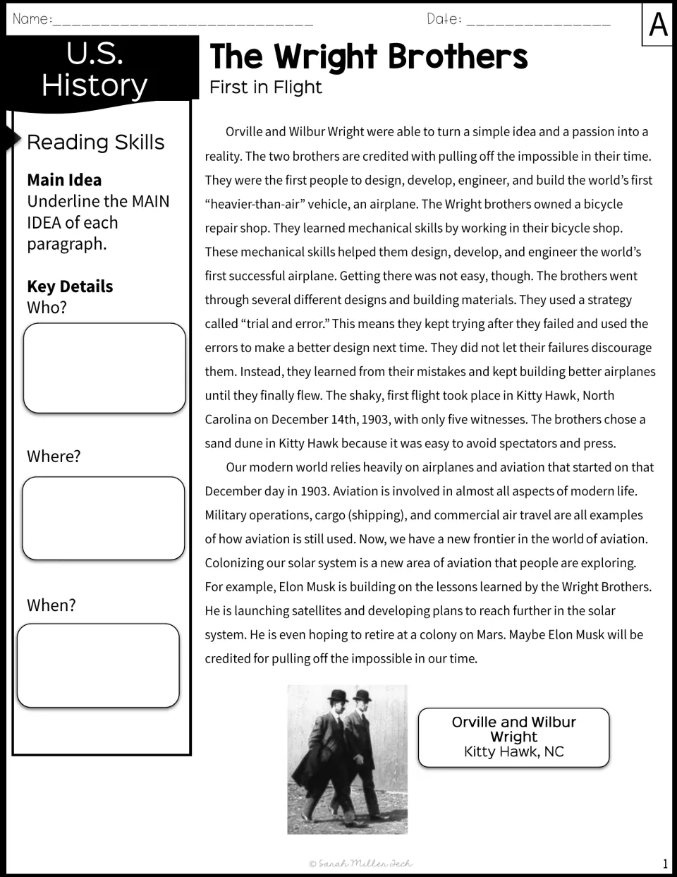First in Flight passage, version A: students underline each paragraph's main idea and note who, where and when details