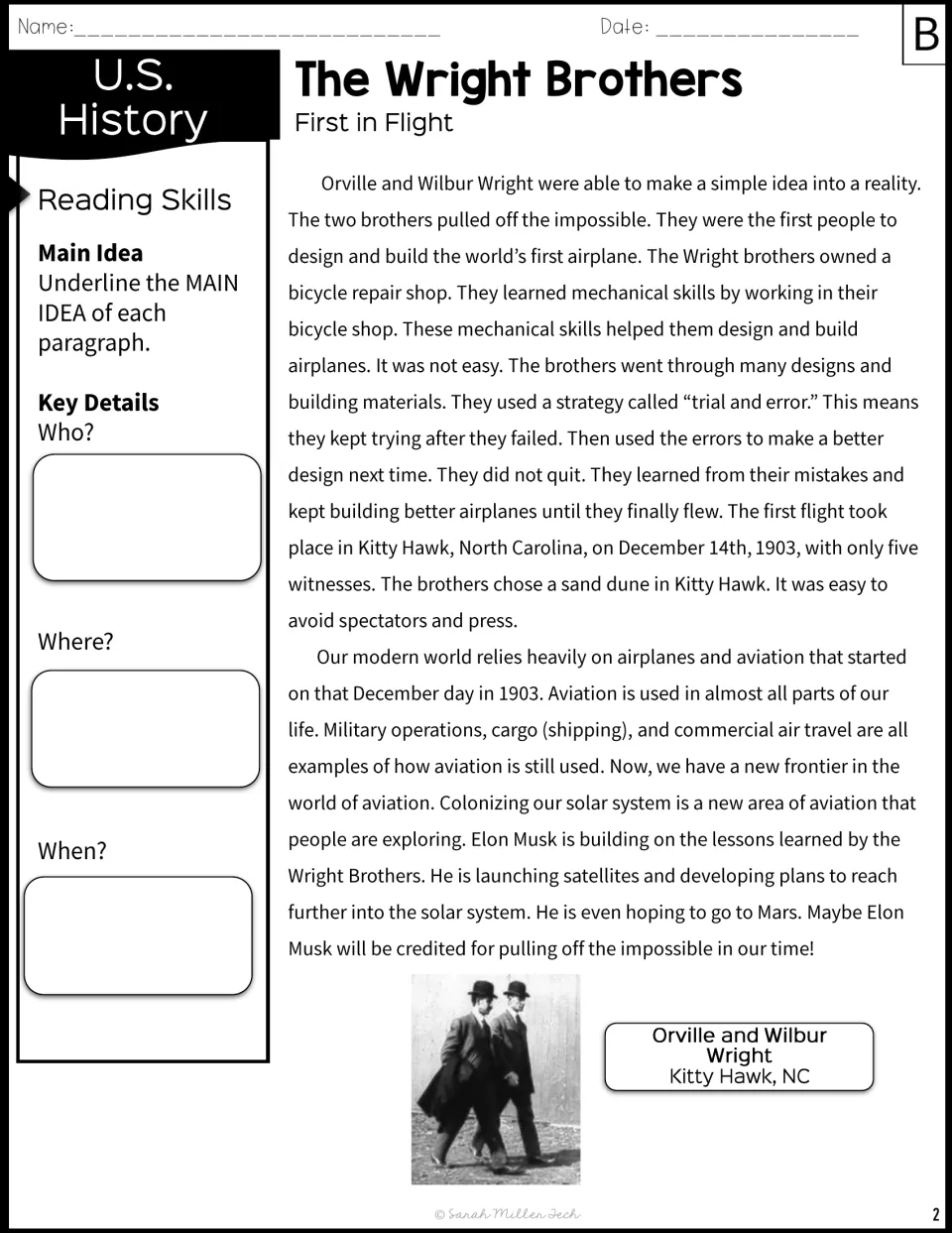 First in Flight passage, version B in shorter sentences: students underline main ideas and record who, where and when