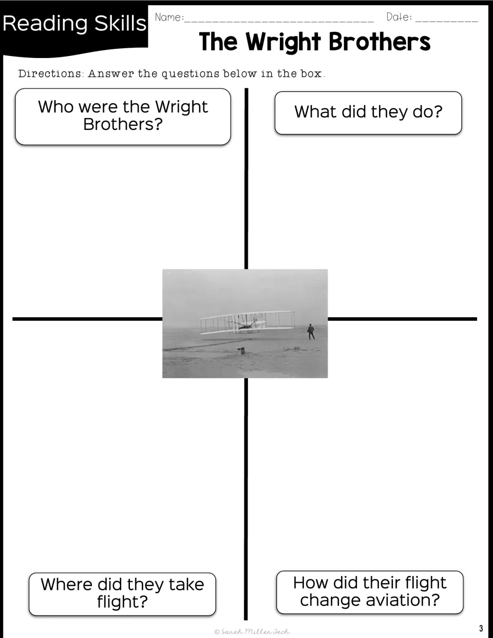 Wright brothers four-question organizer: students answer who they were, what they did, where they flew and aviation impact