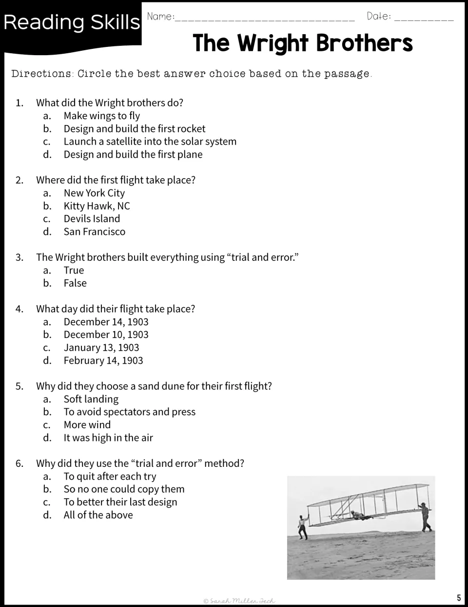Comprehension questions 1-6: students circle answers on the first plane, Kitty Hawk, the 1903 date and trial and error