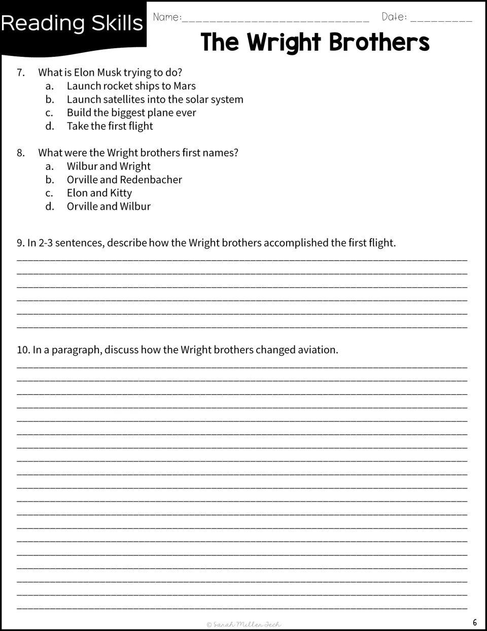 Questions 7-10: multiple choice on Elon Musk and first names, then written answers on how flight changed aviation