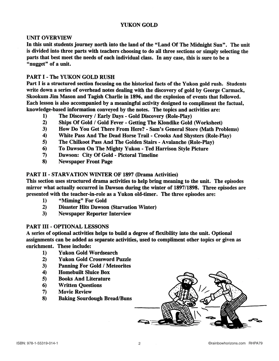 Unit overview listing eight gold rush lessons, three starvation winter drama episodes, and eight optional activities