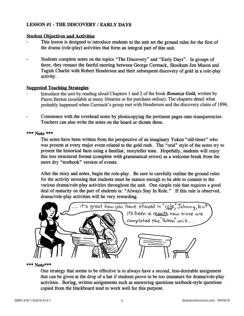Lesson 1 teacher guide introduces the gold discovery role-play, student notes, and rules for staying in character