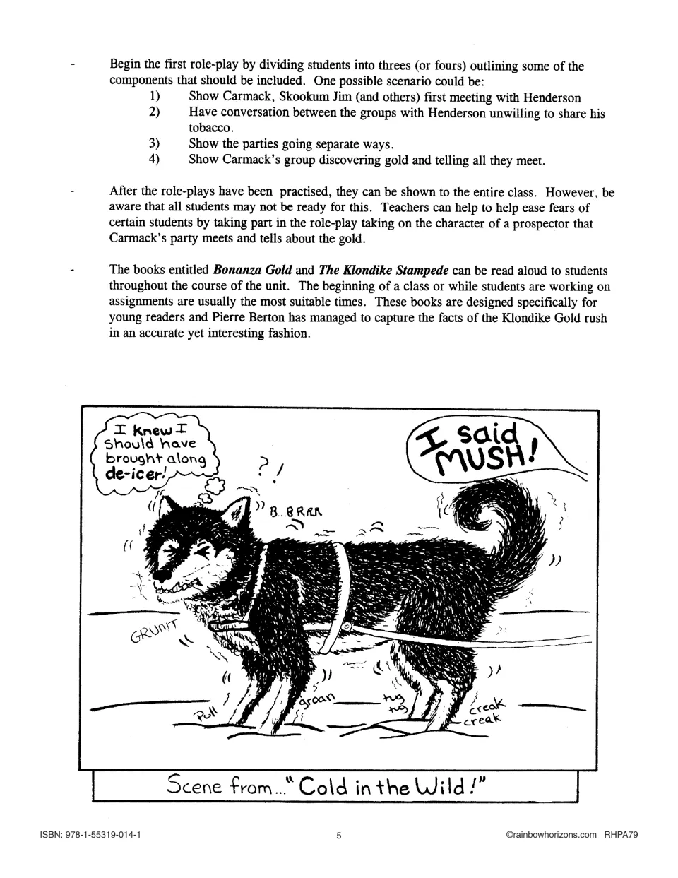 Lesson 1 teacher guide continues with a four-step gold discovery role-play and suggestions for reading aloud