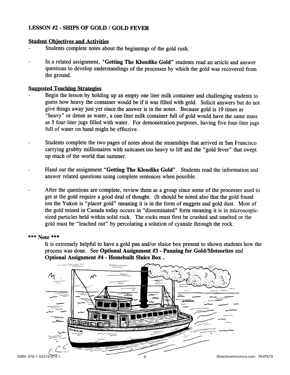 Lesson 2 teacher guide pairs gold rush notes with the Getting the Klondike Gold reading and question assignment