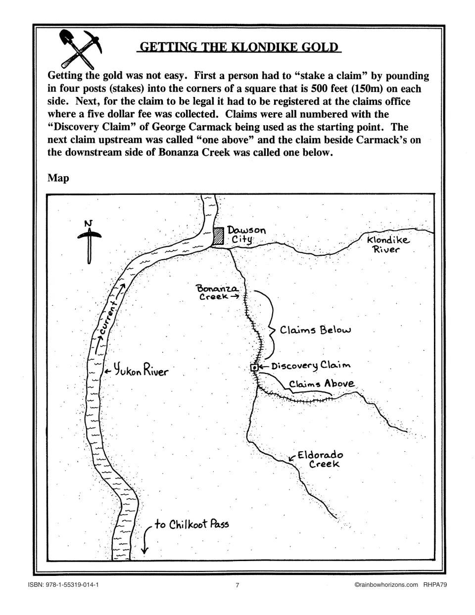 Gold mining reading begins with staking and registering claims, plus a map locating claims along Bonanza Creek
