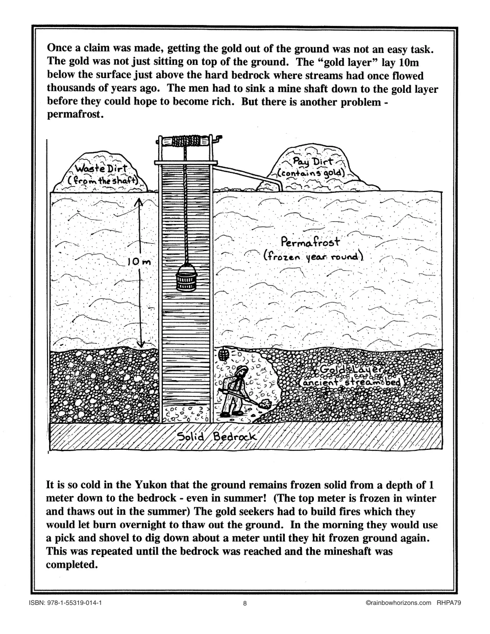 Gold mining reading continues with a mine shaft diagram and explains thawing permafrost to reach the gold layer