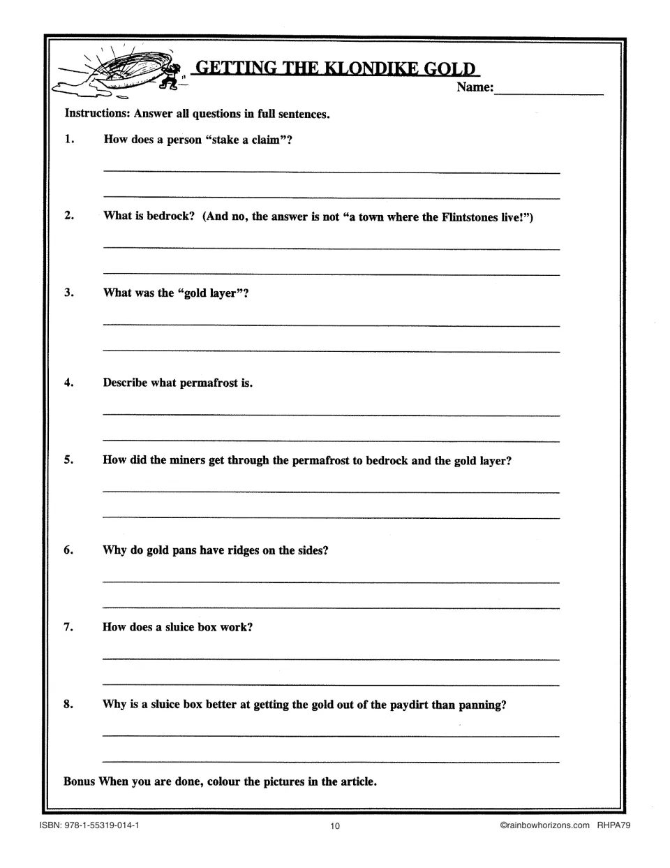 Gold mining reading questions ask about staking claims, bedrock, permafrost, panning, and sluice boxes in eight items