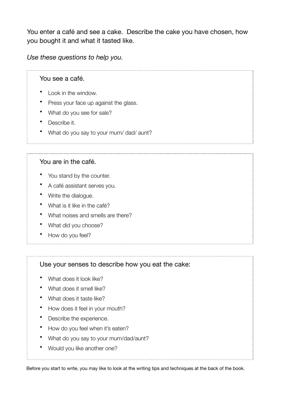 Planning questions guide a cafe description from spotting and buying a cake to tasting it and reacting