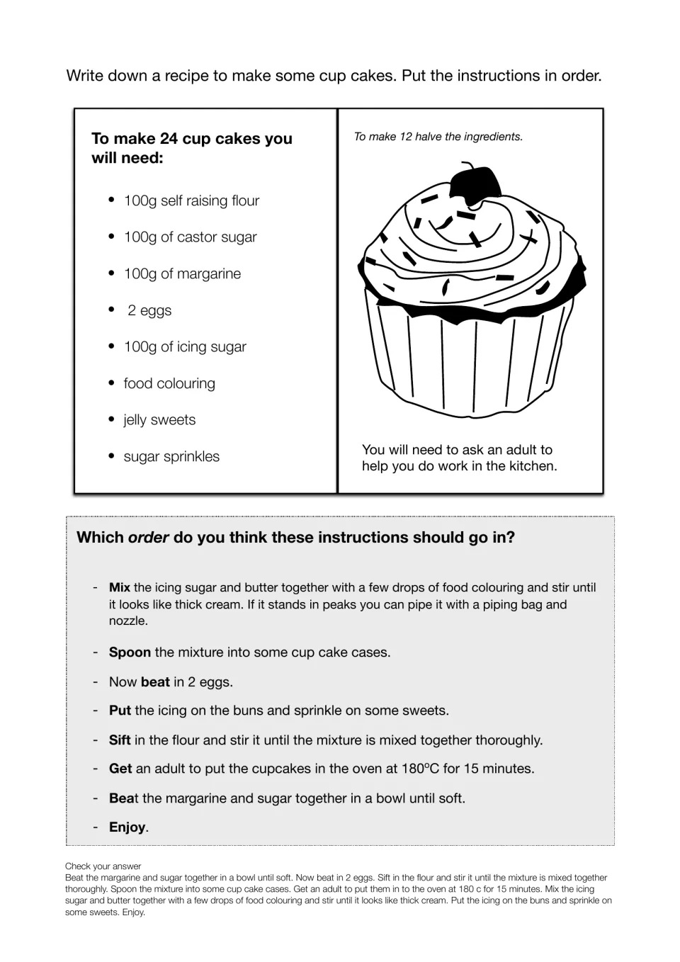 Cupcake recipe sequencing activity includes ingredients for 24 cupcakes, eight steps, and the correct order