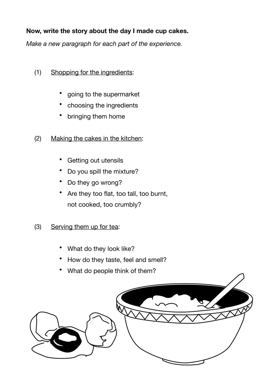 Baking story prompts organize the day into shopping for ingredients, making cupcakes, and serving them for tea