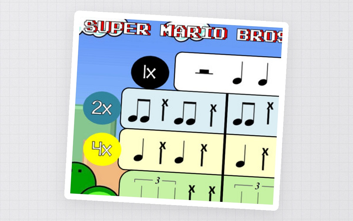 Super Mario Bros bucket-drumming score preview with colored multiplier circles and rhythm-note patterns.