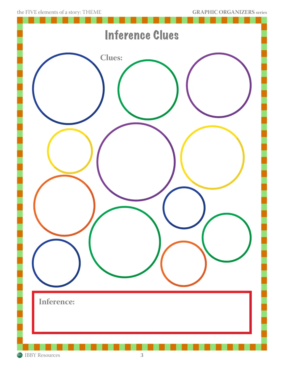 Inference Clues: students write story clues in the colored circles, then state the inferred theme in the Inference box