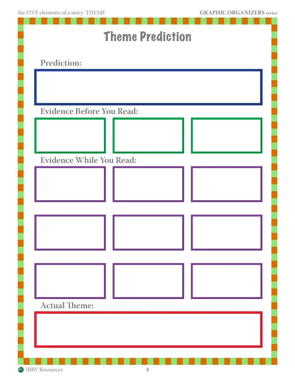 Theme Prediction: students predict the theme, list evidence before and while reading, then record the actual theme