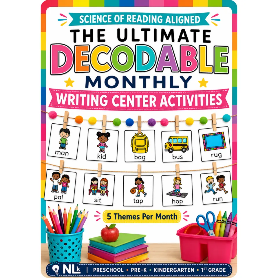 Cover: The Ultimate Decodable Monthly Writing Center Activities, word cards man, kid, bag, bus, rug; 5 themes a month