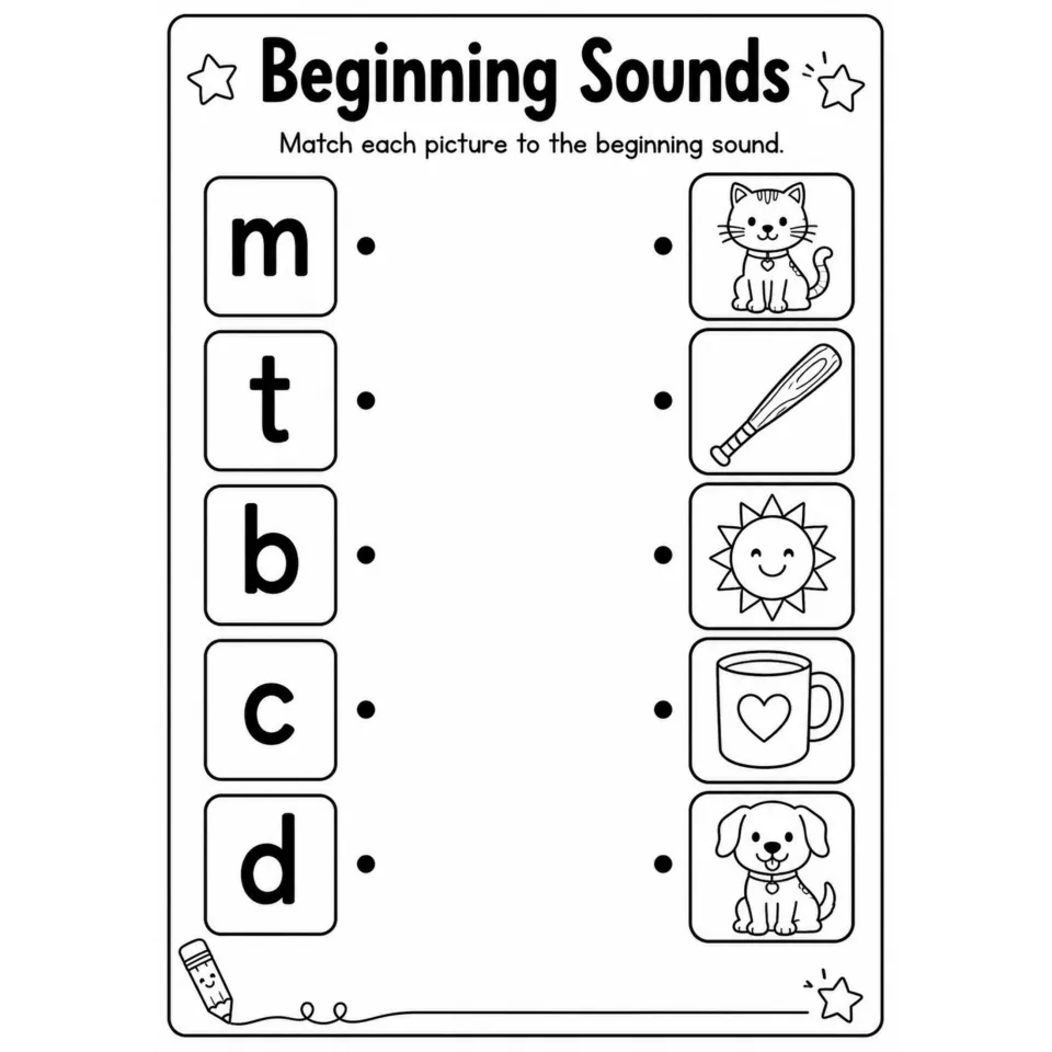 Beginning Sounds: students match the letters m, t, b, c and d to pictures of a cat, bat, sun, mug and dog