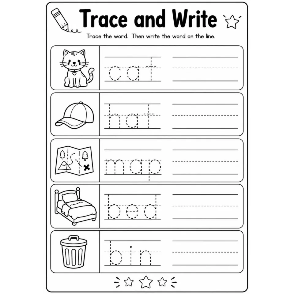 Trace and Write: students trace the CVC words cat, hat, map, bed and bin beside pictures, then write each word alone
