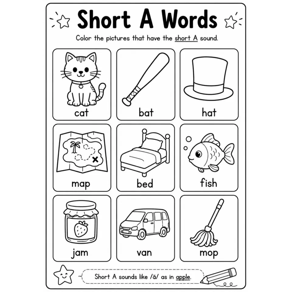 Short A Words: students color pictures with the short a sound among cat, bat, hat, map, bed, fish, jam, van and mop