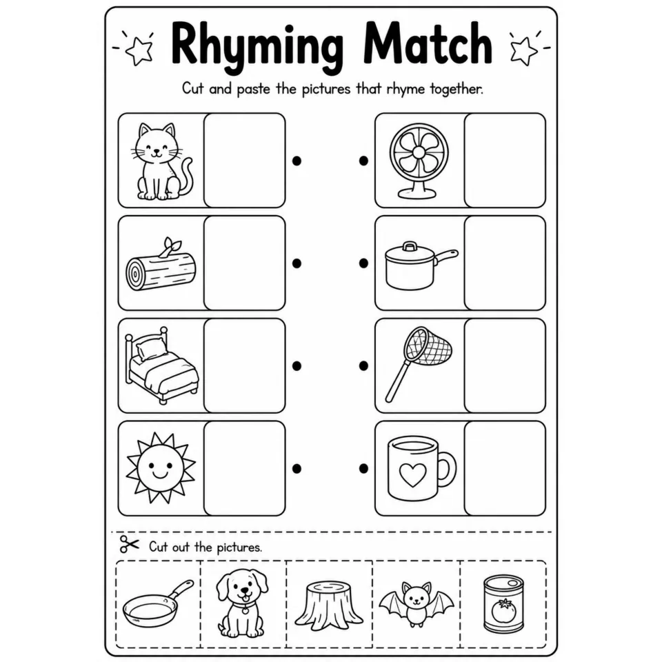 Rhyming Match: students cut out pan, dog, stump, bat and can pictures and paste each beside a rhyming picture