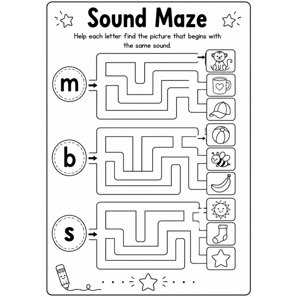 Sound Maze: students trace paths from the letters m, b and s to the picture that begins with the same sound