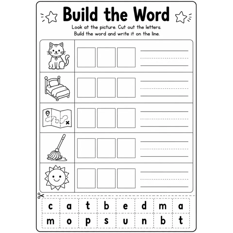 Build the Word: students cut out letter tiles to spell cat, bed, map, mop and sun from pictures, then write each word