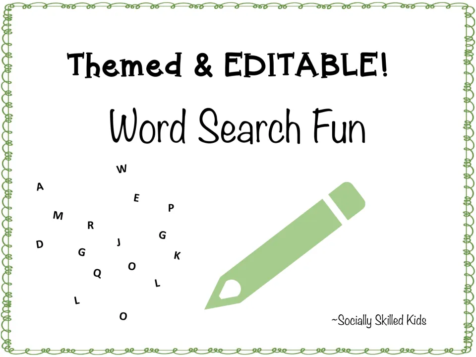 Word Search Fun cover: themed and editable word search templates, shown with scattered letters and a green pencil