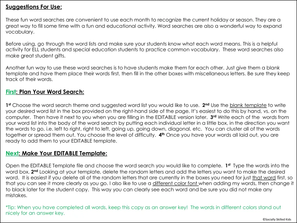 Suggestions for use: steps to plan a puzzle on the blank template, then type the words into the editable file