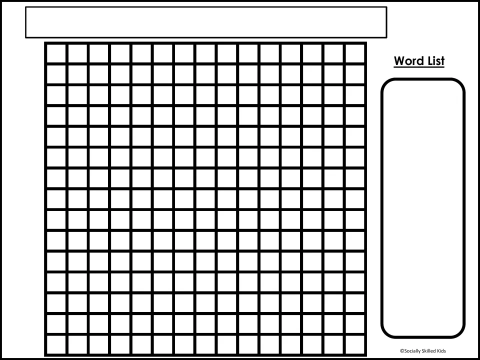 Blank word search template: students add a theme title, place their words letter by letter and list them under Word List