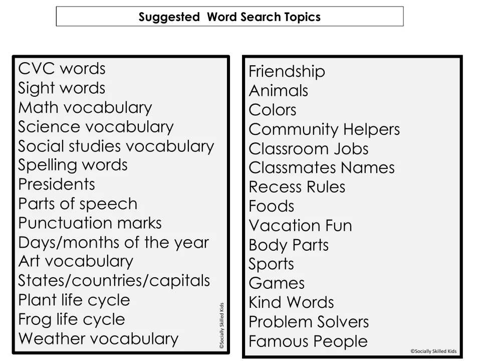 Suggested word search topics list, from CVC words, sight words and math vocabulary to friendship, recess rules and sports