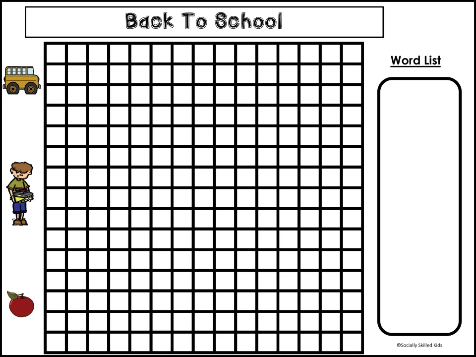 Back To School word search template with school bus, student and apple art, a blank puzzle area and empty Word List