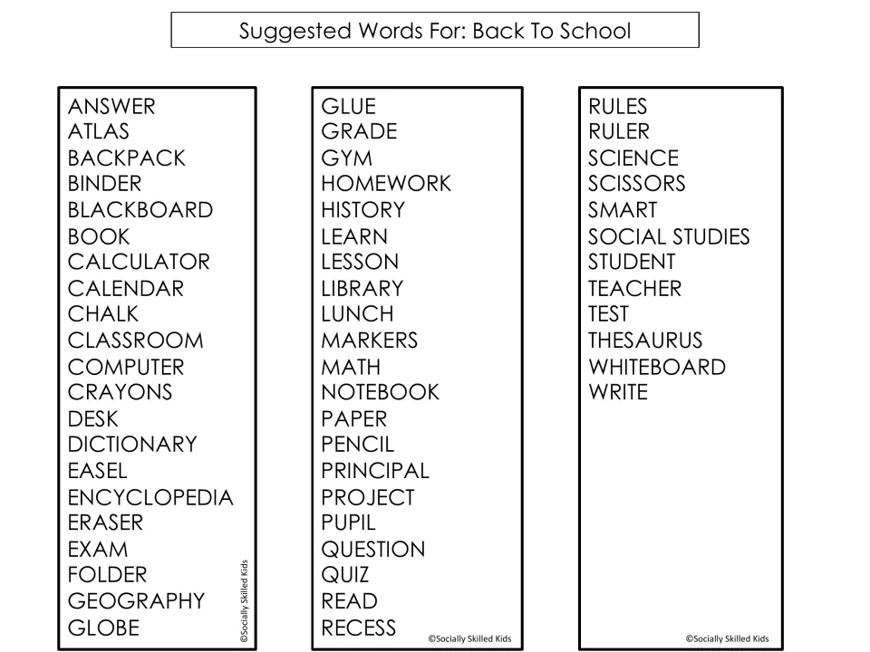 Suggested Back To School words such as backpack, calculator, homework, library, principal and whiteboard for the puzzle