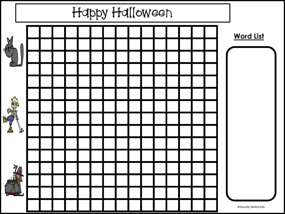 Happy Halloween word search template decorated with a cat, mummy and witch, ready for teachers to fill with words