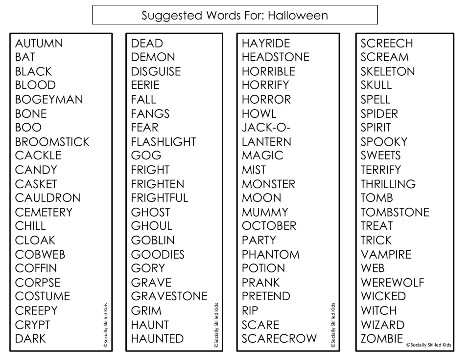 Suggested Halloween words from autumn and broomstick to cauldron, jack-o-lantern, scarecrow and zombie to hide