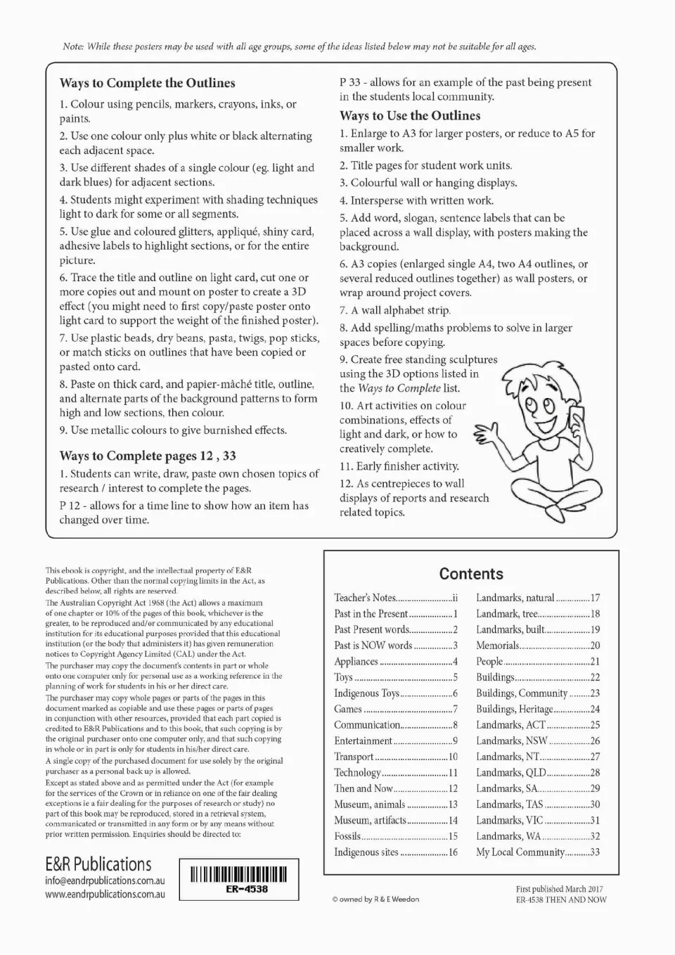 Teacher notes listing ways to complete and use the outlines, plus copyright details and a contents list of 33 pages