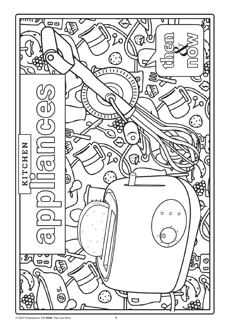 Kitchen appliances outline: students colour a toaster with toast, an egg beater and utensils, jugs and fruit