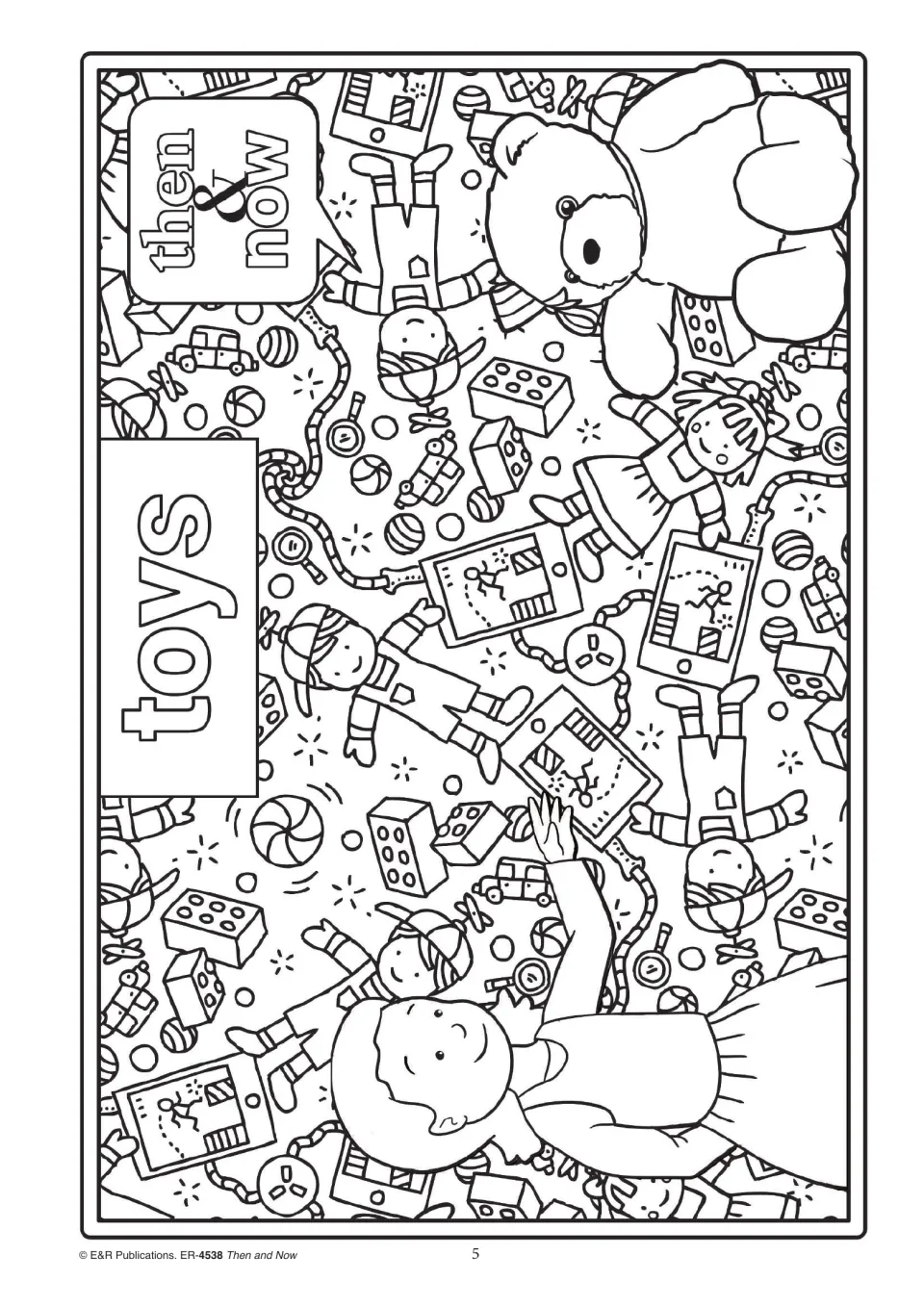 Toys outline: students colour a teddy bear, dolls, building blocks, toy cars, robots, tablets and a child