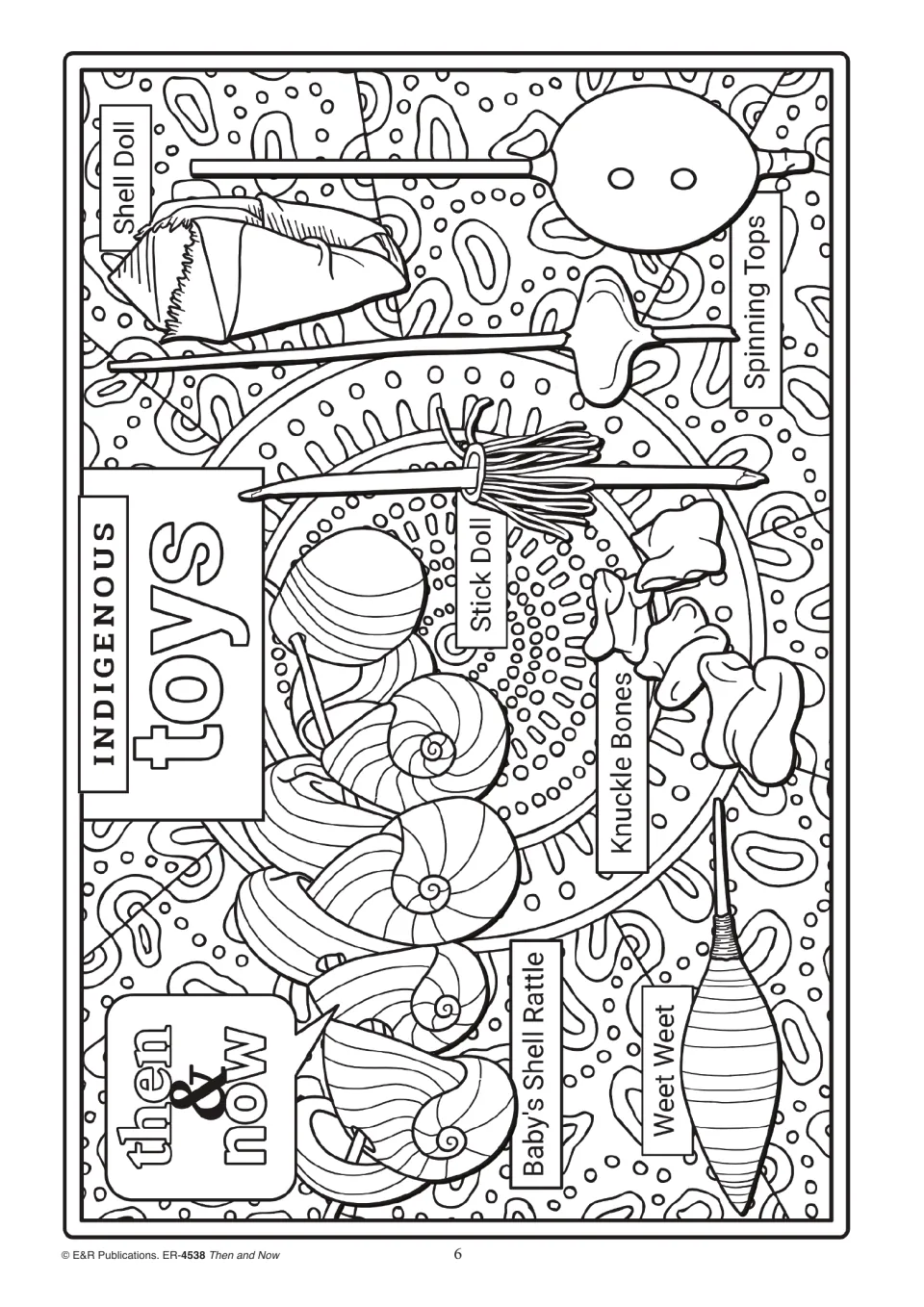Indigenous toys outline: students colour labelled Shell Doll, Stick Doll, Spinning Tops, Knuckle Bones and Weet Weet