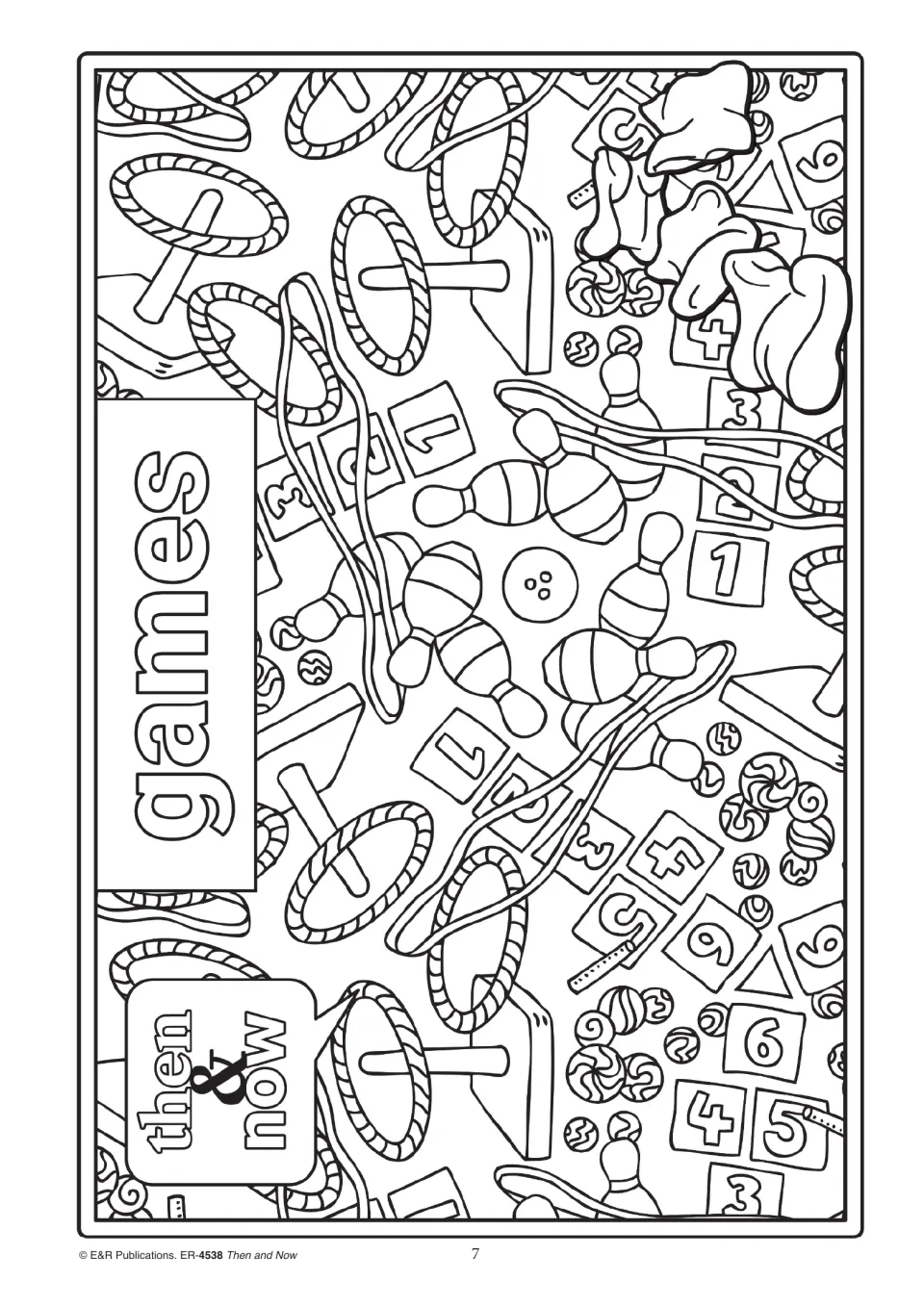Games outline: students colour hoops, skittles, hopscotch numbers, marbles and skipping ropes