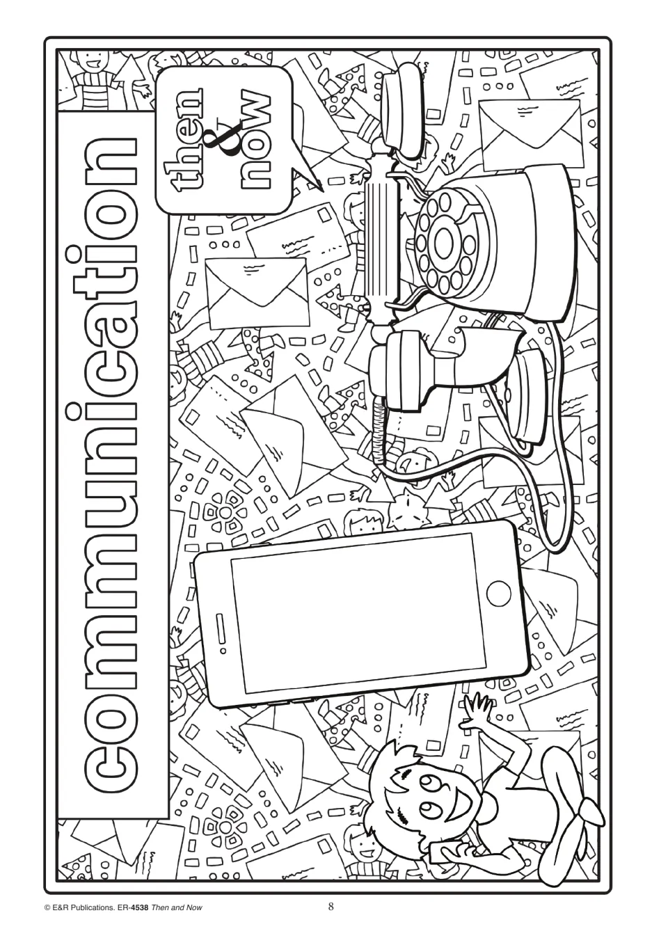 Communication outline: students colour an old rotary telephone, a smartphone, envelopes and a child on a phone